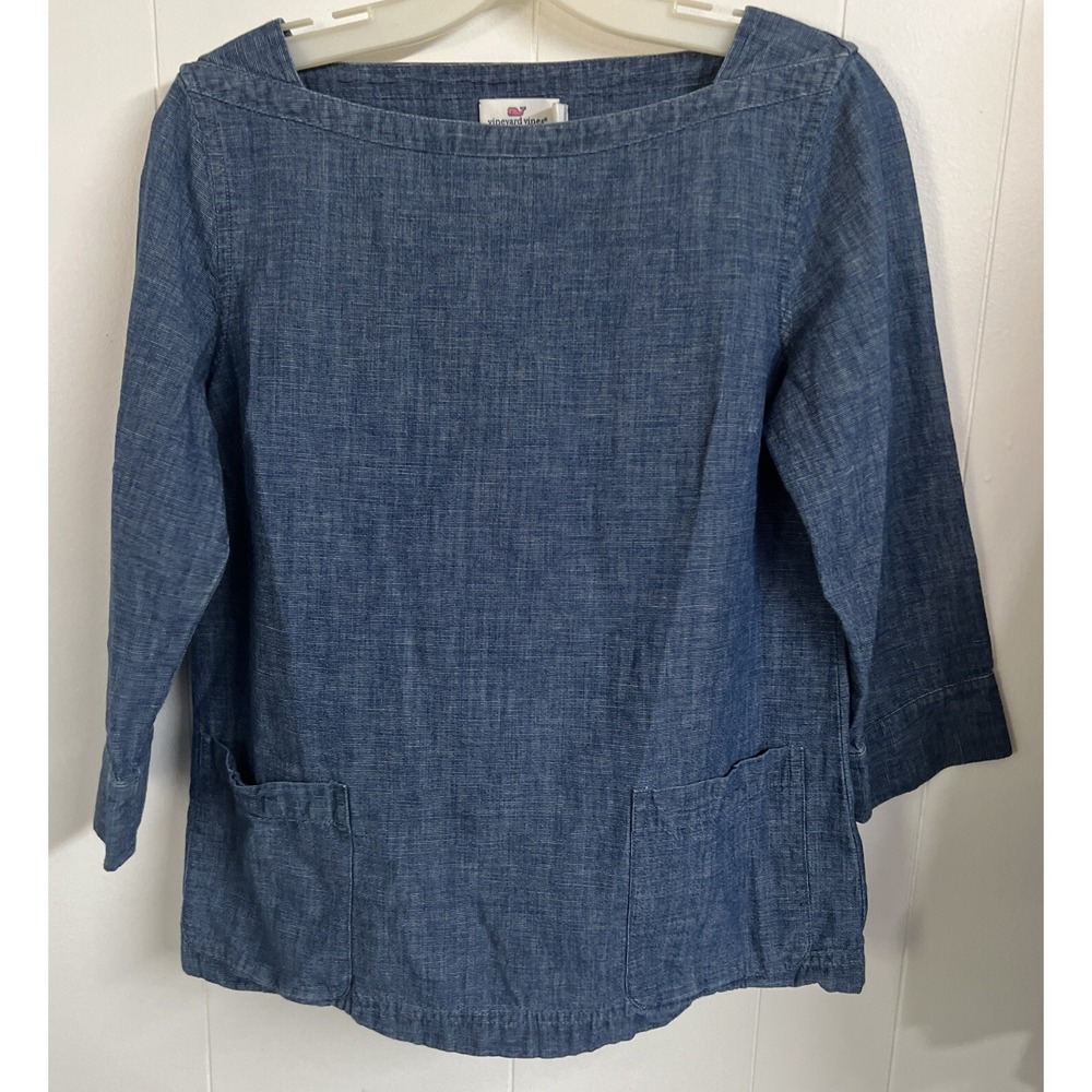 EUC Vineyard Vines Denim Color Cotton Pullover Top Small‎ Long Sleeve